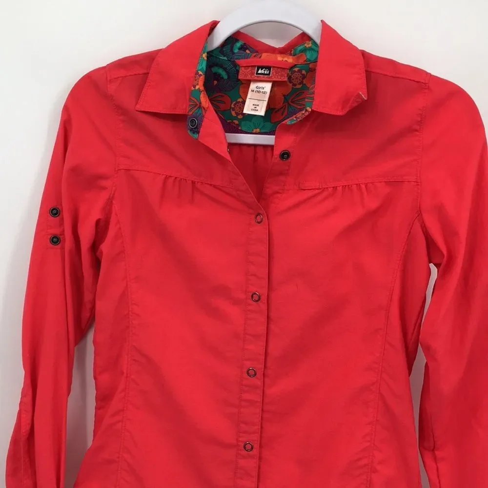 REI Coral Red Long-Sleeve Button-Down Shirt Tab Sleeves Girls’ M 10-12